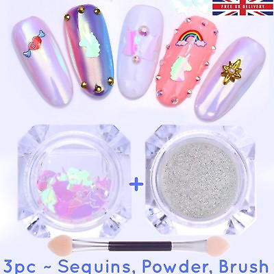 #ad 3pcs AURORA POWDER UNICORN SEQUINS AB Colour Nail Art Glitter Decoration GBP 6.90
