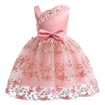 #ad Girl Butterfly Embroidered Mesh Dress with Oblique Shoulder Princess Pink Dress $24.99