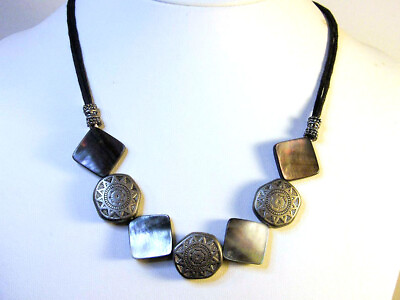 #ad MAYAN Aztec Corded Medallion Necklace silver ancient calendar sun coin Mop $12.00