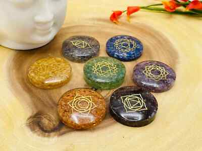 #ad 7 Chakra Round Orgone Smooth Stone Set With Engraved Chakra Symbols 1.5 Inch $16.34