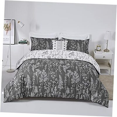 #ad and White Comforter Size Set Reversible Floral Plant Flowers Printed King Black $51.20