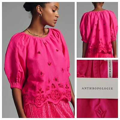 Anthropologie Short Sleeve Cutwork Blouse Pink Rose Top Size Small $120 NWT $29.99