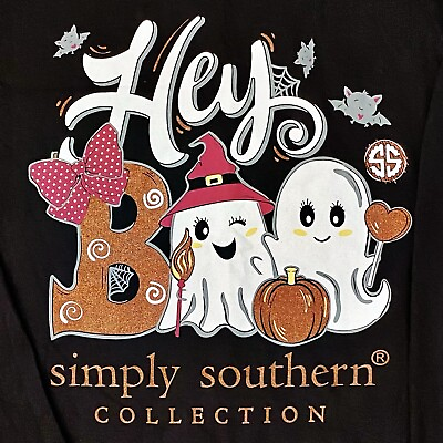 #ad Simply Southern Hey Boo Halloween Ghost T Shirt S Long Sleeve Black Pumpkin Fall $22.99