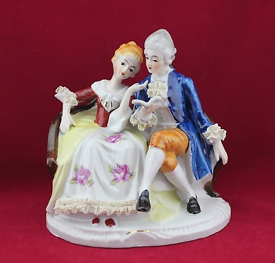 #ad Vintage Figurine Colonial Young Couple Lady and Man Sitting on Sofa Couch $35.00