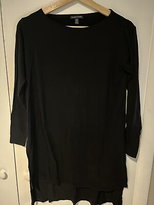 #ad Eileen Fisher Side Slit Tunic Top XXS Black Crew Neck Long Sleeve USA Oversized $29.99