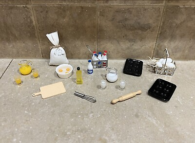 #ad Miniature Dollhouse Breakfast Set 1:12 Eggs Milk Juice Flour Oil Pans Utensils $29.95