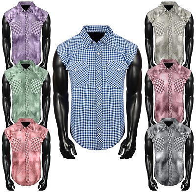#ad Mens Western Plaid Check Sleeveless Snap Up Two Front Pockets In 7 New Colors $11.38