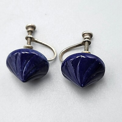 #ad Vintage Sterling Silver Screwback Earrings Deep Blue Swirl Cone JW010 $9.90