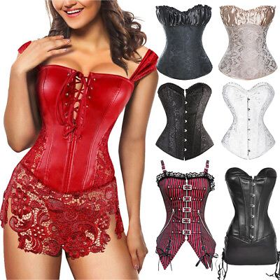 #ad Women#x27; Bustier Basque Tops Lace Up Christmas Red Costume Boned Overbust Corset $10.79