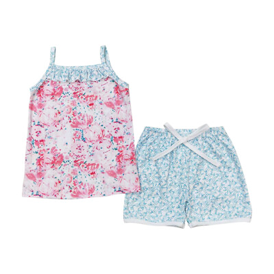 #ad New Summer Boutique Outfit Baby Girls Pink Flower Strap Top Floral Shorts Set $21.90