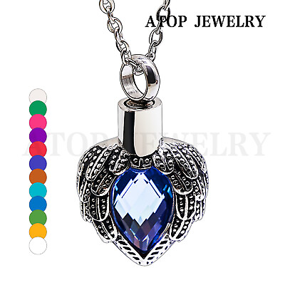 #ad NEW Urn Necklace For Ash Crystal Heart Wings Cremation Pendant Memorial Jewelry $9.34