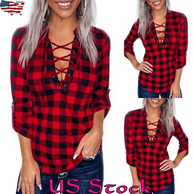 #ad Womens Up V Neck Check Shirt Ladies Long Sleeve Pullover Blouse Casual Tops Tees $18.69