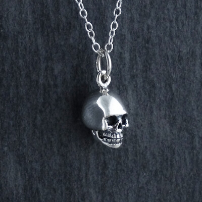 #ad Tiny 3D Skull Charm Necklace 925 Sterling Silver Halloween Goth Skeletal Head $26.00
