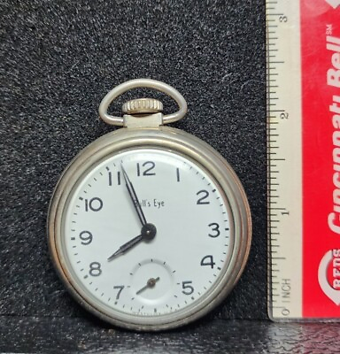 #ad Vintage Bullseye Pocketwatch Winds Runs Keeps Time Clear Crystal $60.00