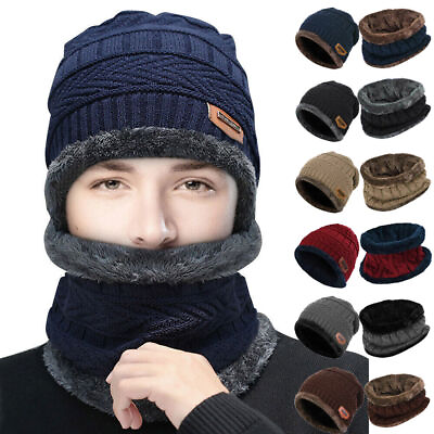 #ad Mens Womens Winter Beanie Hat Scarf Set Warm Knit Hat Thick Fleece Lined Cap $9.79