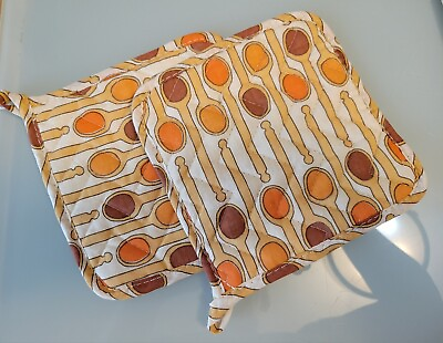 #ad Potholder set vintage kitchen orange yellow mosaic wooden spoons cotton 7X7 $15.98