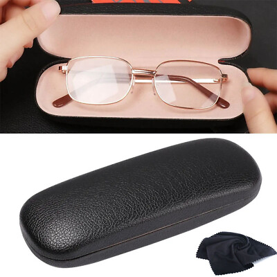 #ad NEW Clam Shell Hard Eyeglasses PU Glasses Case Black w Microfiber Cleaning Cloth $4.48