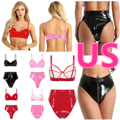 #ad US Women#x27;s Leather Lingerie Shiny Wireless Bra with High Waist Panties Briefs $13.18