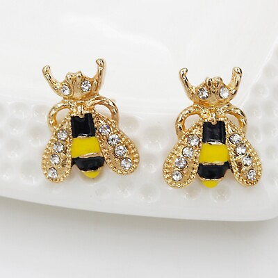 A Pair of Women Girls Bee Shaped Full Diamond Zircon Stud Earrings Birthday Gift $7.75