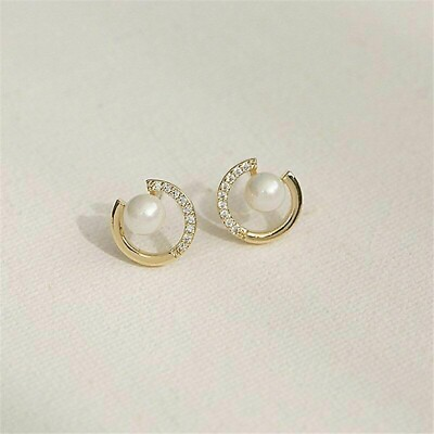 #ad 2.1Ct Created White Pearl Circle Push Back Stud Earrings14K Yellow Gold Plated $207.99