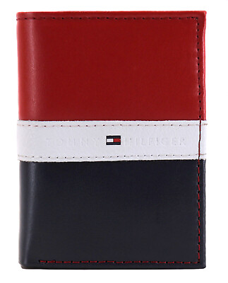 Tommy Hilfiger Men#x27;s Premium Leather Trifold Wallet Rfid Red Navy 31TL110022 $27.29