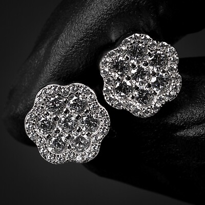 Mens Womens White Gold Plated Sterling Silver Cz Flower Cluster Stud Earrings $32.99