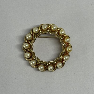 #ad Vintage Round Faux Pearl Circle Brooch Gold Tone 1.25quot; 5.9 Grams Brooch Pin $6.99