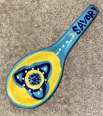 #ad Hand Painted Folk Art Spoon Blue amp; Yellow Floral “Savory” $19.97