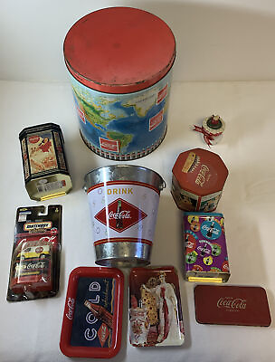 #ad lot of Coca Cola memorabilia 10x10x12 tin plus candleMatchbox carbucketmore $8.06
