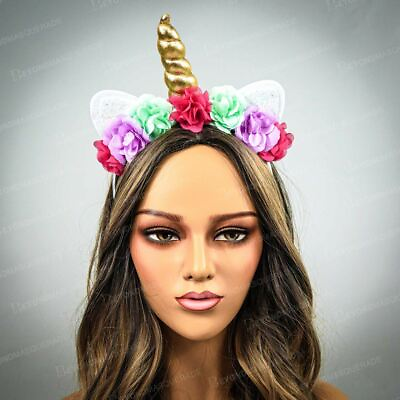 #ad Kids Unicorn Horns Headband Hairband Headpiece Gold Horns Pink Flowers $5.95