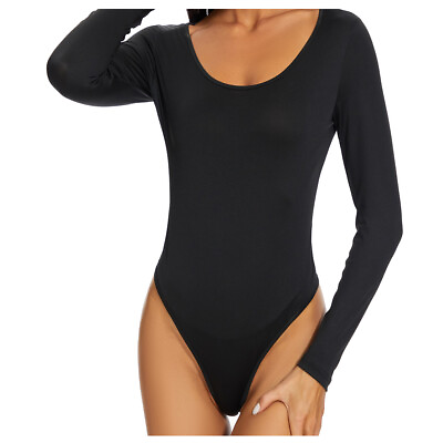 Womens Crew Neck Leotard Bodysuit Bodycon Long Sleeve Solid Black Jumpsuit Tops $8.54