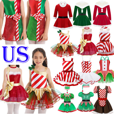 US Kids Girls Ballet Tutu Dress Stripe Printed Skirted Leotard Christmas Costume #ad $14.75