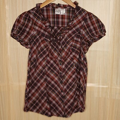 #ad Duo Maternity Womens Plaid Short Sleeve Ruffle Detail Button Up Top Small $17.00