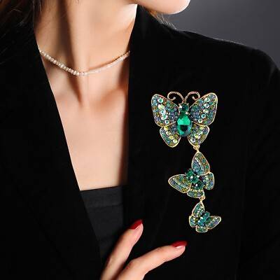 Vintage 3 Butterfly Art Nouveau Pendant Brooch Pin Grren Rhinestone Crystal $7.82