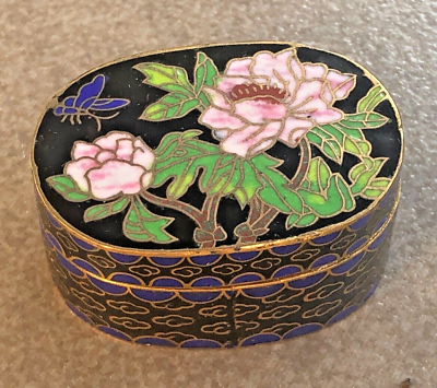 Vintage Chinese Cloisonne Enamel Miniature Floral Pill or Snuff Box Peonies $34.99