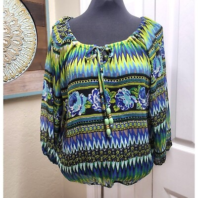 #ad Tribal Peasant Womens Blouse Small Long Sleeve Boho Hippie Relaxed Top $9.79