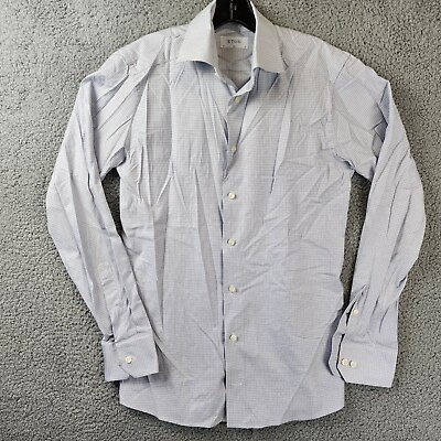#ad Eton Slim Fit Micro Check Stretch Dress Shirt Men#x27;s 15 Light Blue Long Sleeves $70.51