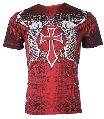 #ad Xtreme Couture Affliction Men#x27;s T Shirt AFTERSHOCK Skull Red Tattoo Biker M 3XL $26.95
