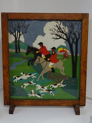 #ad vintage framed felt art work hunting party horses hunting dogs english europe $499.99