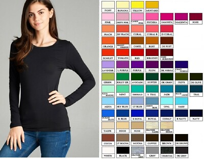WOMENS CREW NECK LONG SLEEVE BASIC TOP COTTON STRETCH SLIM FITTED T SHIRT S 3X $10.45