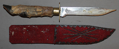 #ad VINTAGE HAND MADE STEEL HUNTING KNIFE WITH HOOF HANDLE AND SHEATH $102.96