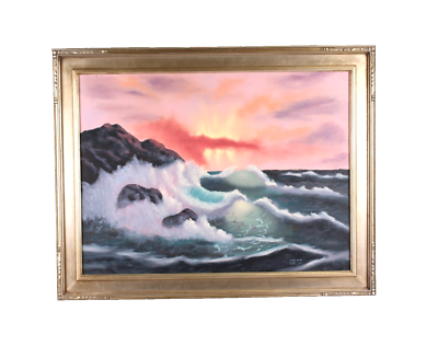 #ad Vintage Colorful Seascape Oil Painting Signed Gest Ornate Frame $279.00