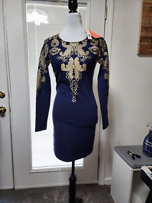 #ad New Giani Bini Sz 2 Long Sleeve Navy Blue Gold Short Stretch Zip Up Womens Dress $28.99