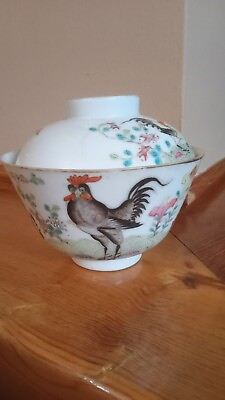 Chinese Famille Rose Tongzhi Roosters Porcelain Marked Lidded Bowl $384.65