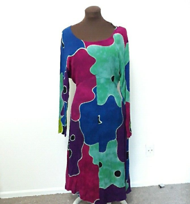 #ad Vintage Colorful Batik Dress Crinkle Rayon Long Sleeve Size L $28.00
