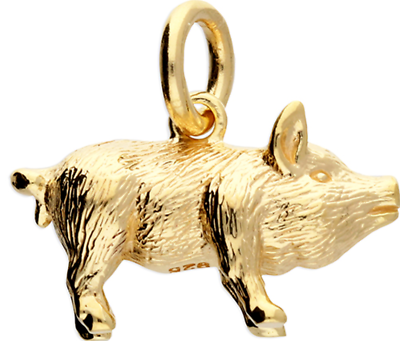 #ad Gold Pig Pendant Yellow Gold on 925 Silver Chinese Year of the Pig Golden GBP 21.95