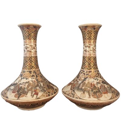 #ad Antique Japanese Matching Pair of Satsuma Bottle Vases Japan $699.99
