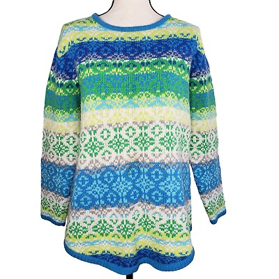 #ad J Jill Pullover Sweater Large L S Green Blue Fair Isle Knit Round Hem $26.99