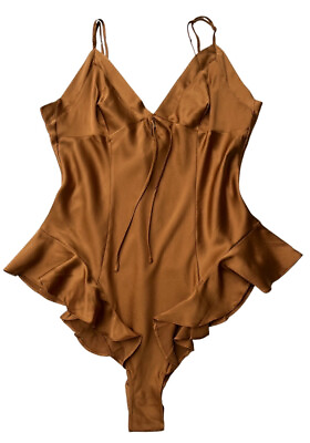 #ad SKIMS Women#x27;s Silk Ruffle Loungewear Lingerie Teddy Bodysuit In Bronze Size M $47.99