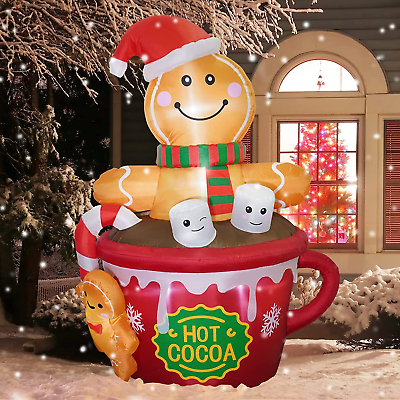 #ad 6Ft Christmas Inflatable Gingerbread Man in Cocoa Mug Blow Up Outdoor Decoration $72.58